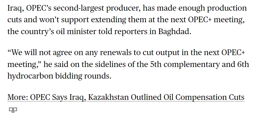 🇮🇶 My gut tells me this gets walked back by the Iraqis... very soon. Despite being #Opec's second largest producer, #Iraq doesn't typically throw its weight around in public like this. Interesting times. #oott 
bloomberg.com/news/articles/…