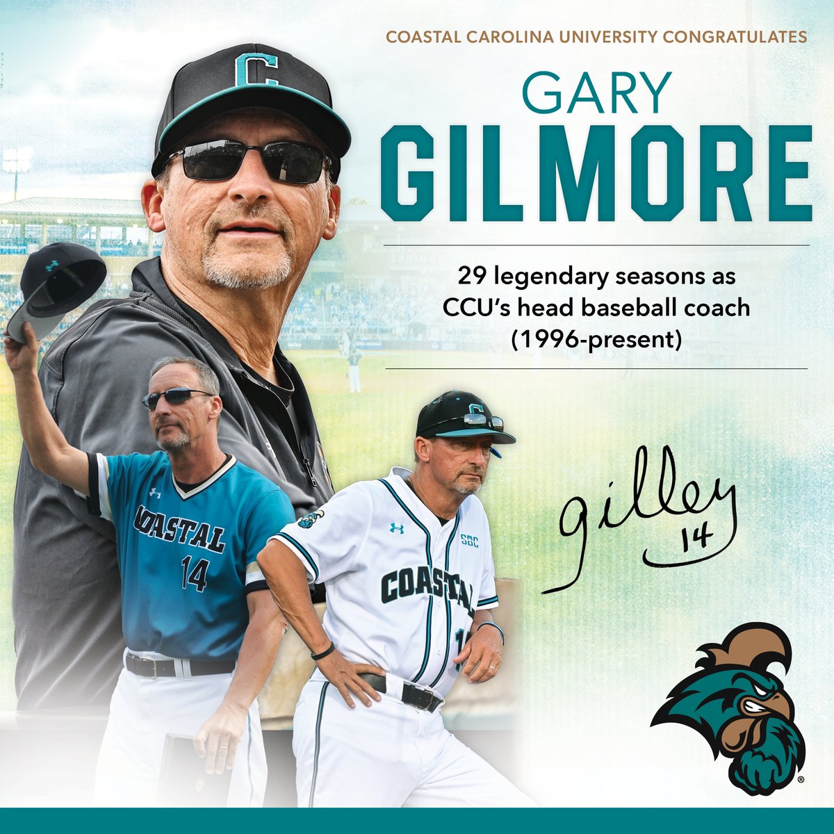 Congratulations to Coach Gary Gilmore for 29 legendary seasons as #CCU's head baseball coach! Make sure to join us for a special recognition at today's game!