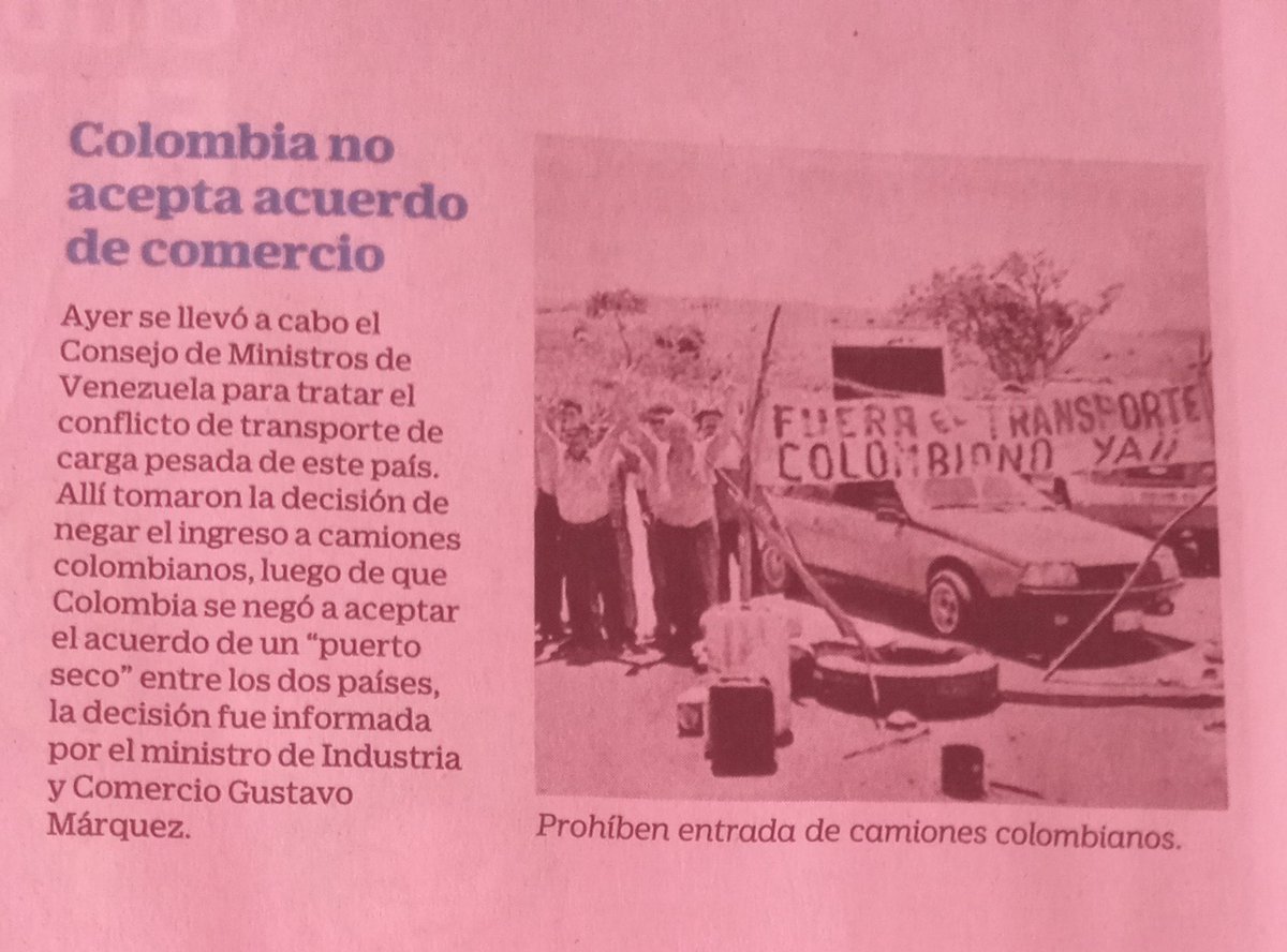 Relación colombovenezolana siempre complicada: 'FUERA TRANSPORTE COLOMBIANO YA'.

Martes 11 de mayo de 1999, El Tiempo, 11/5/24, p. 2.9.