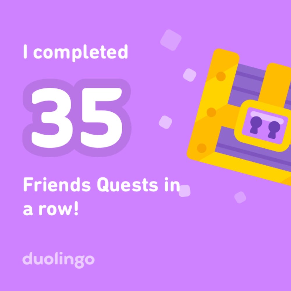 Duolingo上で相互フォローの友達（どこの国の人かも知らない）と一緒に目標を達成する Friends Quest、互いに20XPと15分間得点2倍を贈り合うことができてまさに win-win🏅

達成すると100XPと数日間有効の30分間得点2倍がもらえるので、20XPを何度も贈ってもお釣りがくる💎