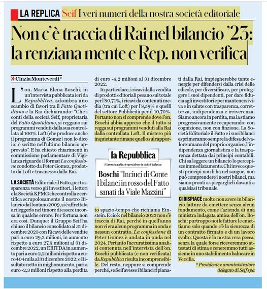 La Boschi risponde a Travaglio, ma siccome ad ispirarla è la malafede non scrive una parola sulla replica dell'Ad del Fatto Cinzia Monteverdi, che dice tutto quello che c'è da dire. 
E tante care cose a Repubblica che scrive sotto dettatura della Boschi.