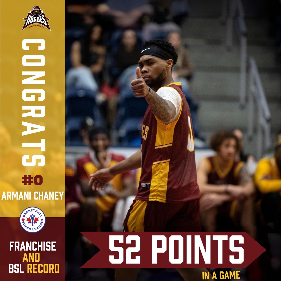 🚨NEW RECORD ALERT🚨 Armani Chaney made history AGAIN dropping a Newfoundland Rogues Franchise and BSL Record 52 Points in last night's 128-115 playoff loss against the KW Titans🤯🔥 Way to go Armani‼️🫡👏🏼 NFLDRogues.ca