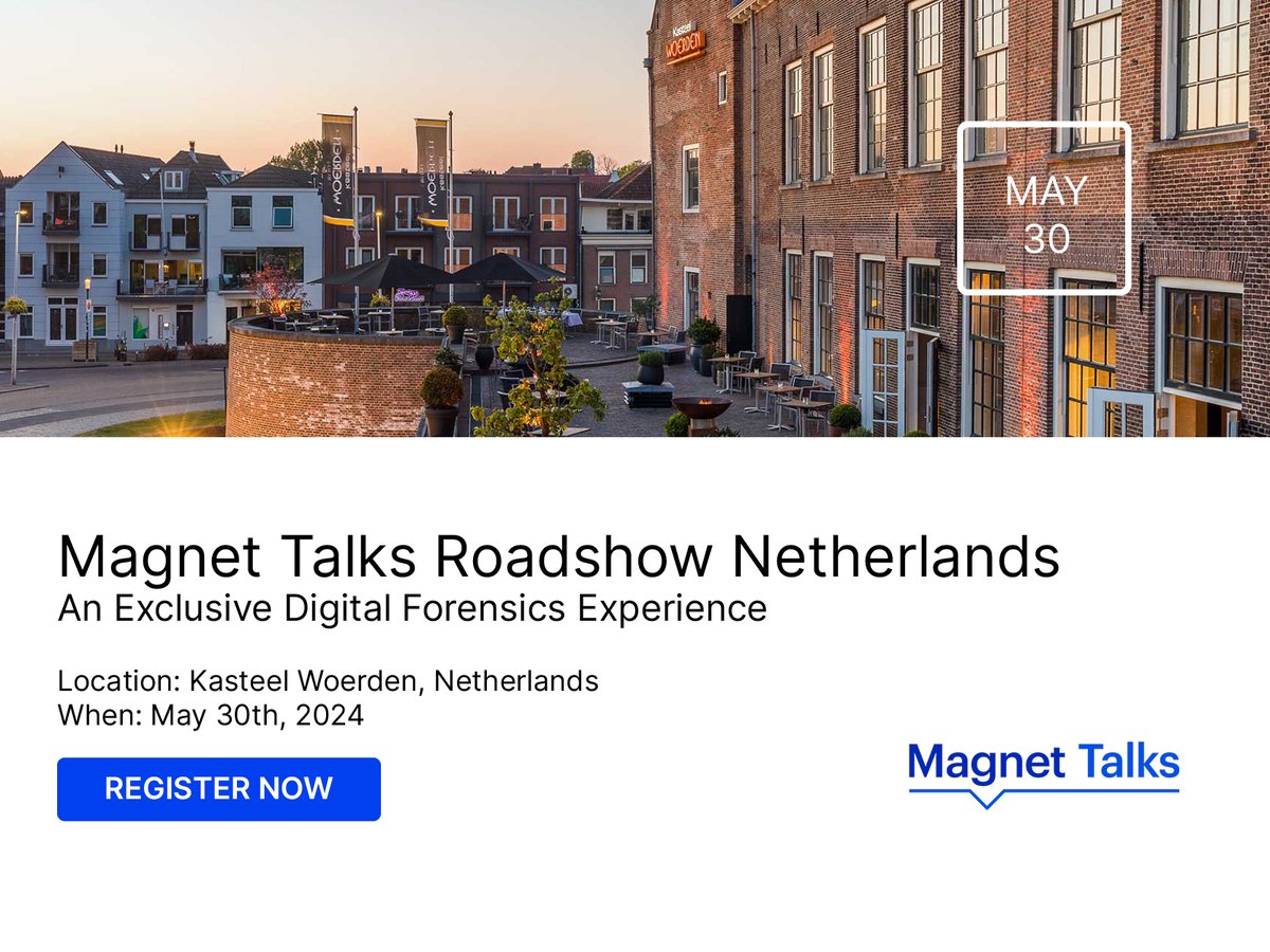 Be sure to save your spot for our upcoming special #MagnetTalks Netherlands event! This an exclusive #DFIR experience that will have tips & tricks, the latest Magnet updates and a Magnet Happy Hour! Join us free at Kasteel Woerden on May 30: ow.ly/TLlL50RC9Xc