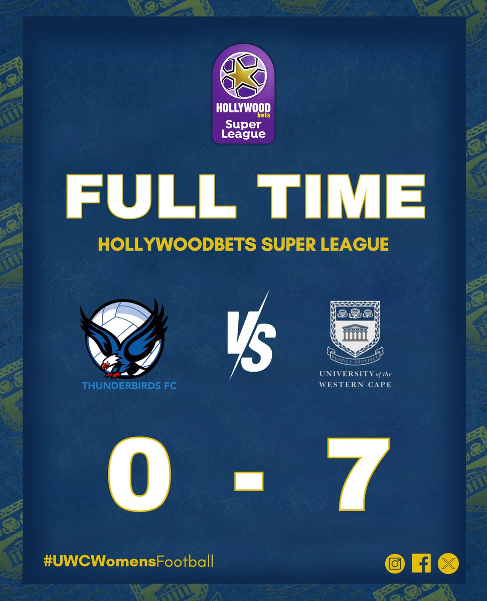FULL TIME A comfortable victory for the Blues! A Hat-trick by Mjambane, Brace by Holweni, goals by Xesi and Cesane give the Blues 3 points away from home! 👏 #UWCWomensFootball | #HollywoodBetsSuperLeague