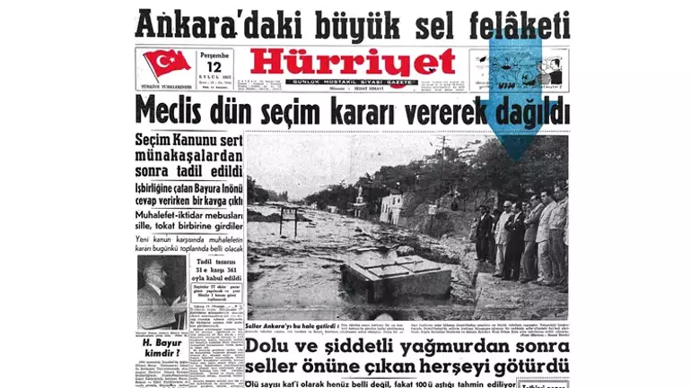 1957 yılında Ankara'da şiddetli sağanak yağış ve eriyen dolu tanelerinin dereleri taşırmasıyla büyük sel felaketi yaşandı 165 kişi hayatını kaybetti