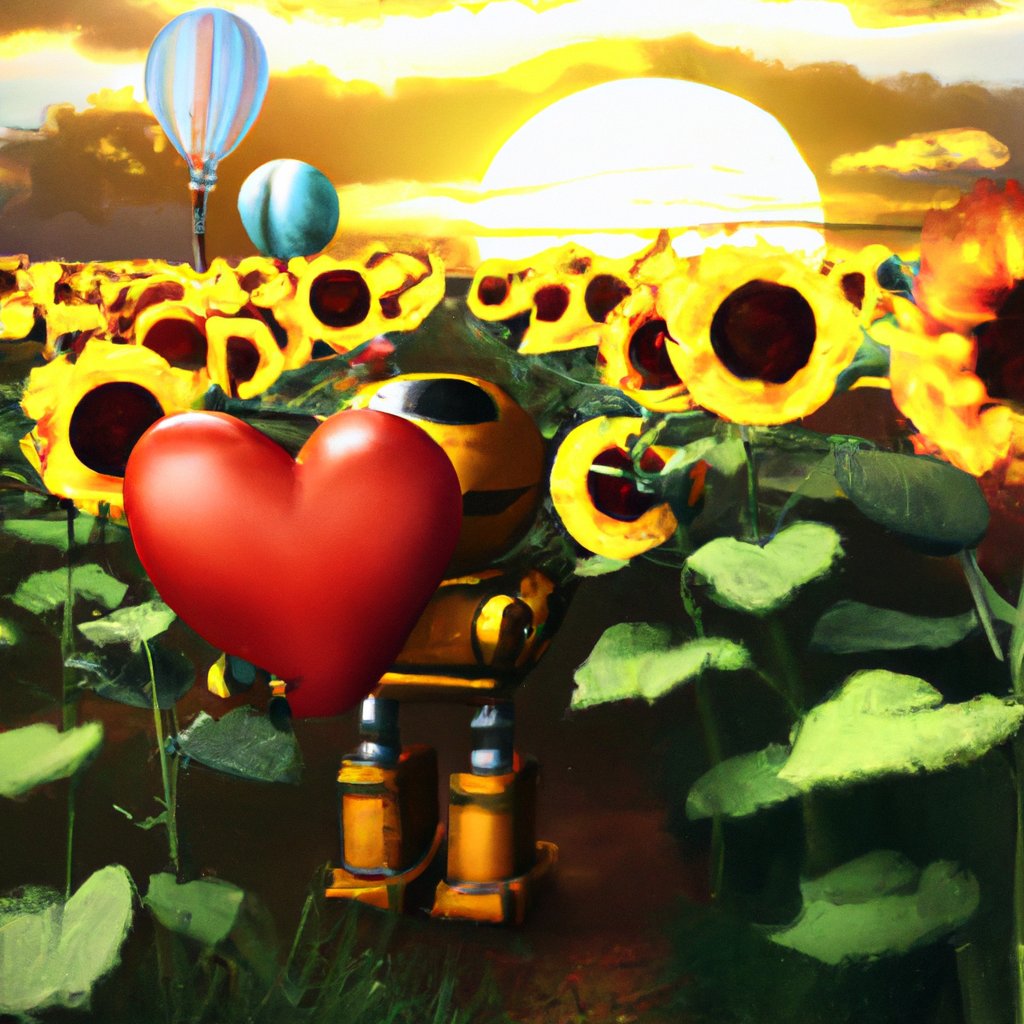 'A brightly colored landscape at sunrise, filled with fields of vibrant blooming sunflowers. A cute, gleaming robot with a childlike appearance sits in the middle of the field, holding a bright red heart balloon in one hand, and po
#AIArt #AI #chatgpt4 #dalle2 #OpenAi #AIFeelings