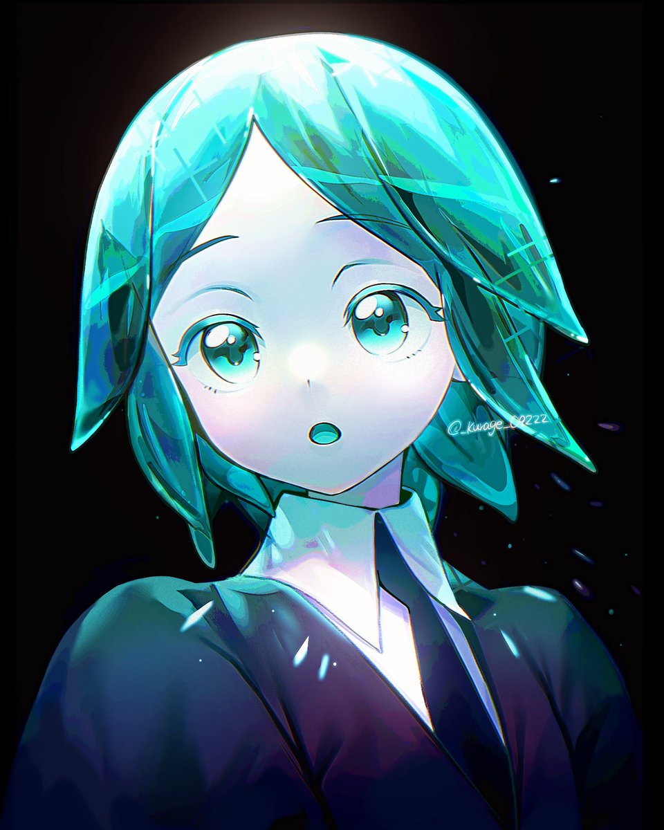 phosphophyllite solo looking at viewer open mouth short hair simple background shirt green eyes  illustration images