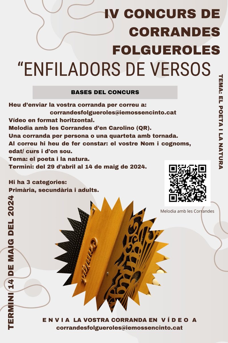 🗣️ V Concurs de Corrandes de Folgueroles, obert a tothom! 

📹 Per participar, enviar vídeo de 20" aprox en horitzontal, cantant una corranda. Aquest any la temàtica del concurs és el poeta i la natura🌳🌿

⌛️Fins al 14 de maig

<a href="/infofolgueroles/">Ajuntament de Folgueroles</a>