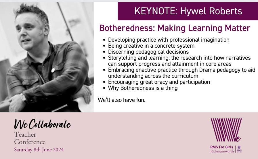 📣We are very excited by our Keynote at #WeCollaborate24 and appreciative that @HYWEL_ROBERTS will also offer a follow-up workshop with @leighhoath. Do you have your ticket yet??? Tickets, programme and workshop details can be found ➡️ rmsforgirls.com/wecollaborate/ Come and have fun.