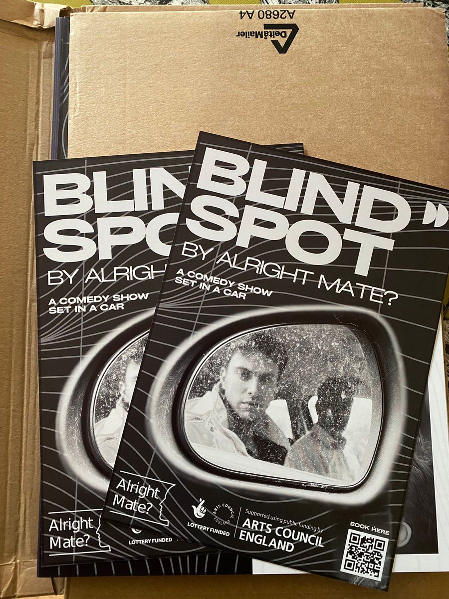 New flyers advertising ‘blind spot’ 😃alrightmate.org/events @chascoldfield @Archie_Rowell #exeter #devon #men #comedyshow