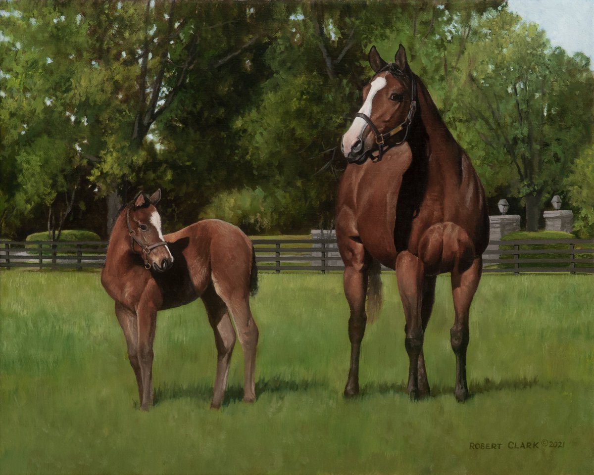 RobertClarkART's tweet photo. Sometimes you just look for an "Excuse to post" . . . I saw somebody else post today that this little filly, the first foal out of Covfefe will be making her debut today at Churchill Downs.
I always referred to her at Babyfefe  . . . but her registered name is Ellen Jay.  Winning on debut is a rare feat, so let's not expect or demand too much of her . . . like I said it was really just an excuse to post these paintings from a couple years ago for Jaime Roth of LNJ Foxwoods stable.  She didn't keep them all as they spread them amongst their bloodstock advisors and her parents . . . but it was interesting as one just kept leading to another.  Again, let's temper our expectations - but I'm driving this bandwagon and you can get on or get out of the way - Go Babyfefe GO!!! @LNJFoxwoods