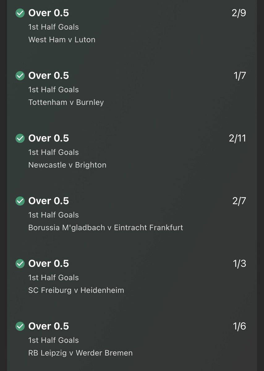 ultimatesportip's tweet photo. GET IN!!!! 🤩

All games have a goal in the first half and we have another winner!!!!!✅✅

@ 2.3/1 ✅

#PL #Bundesliga #goals #WHU #LTFC #Spurs #Burnley #NUFC #BHAFC #Monchengladbach #Frankfurt #Freiburg #Heidenham #Leipzig #WerderBremen https://t.co/WgiGMrmc2e