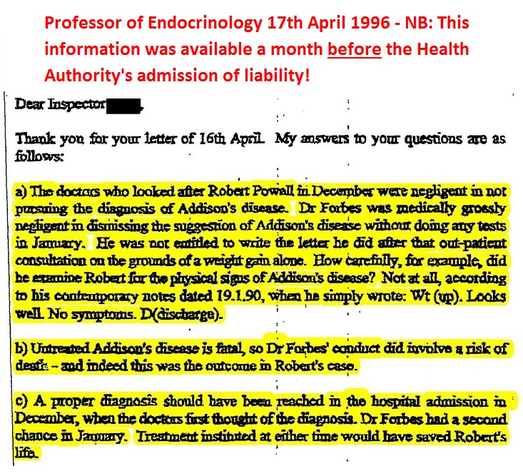 @linzhodgson @PublicHealthW Pls RT: Thanks Lindsay. When Jan Williams contemptuously stated in her letter below [22/8/1996] that no admissions would be made about the care provided by Dr Forbes, who suspected Addisons, didn't do the ACTH test he ordered & didn't tell us about it, this report was available!