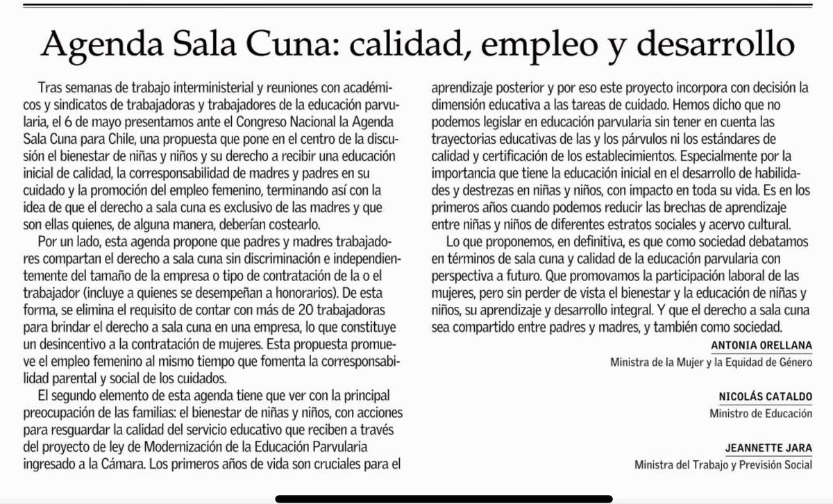 Sala Cuna Universal impulsada por Presidente Piñera (Q.E.P.D.)

Ministros Cataldo (PC), Jara (PC) y Orellana (FA) escriben en “el decano” @ElMercurio_cl hoy.

Buena noticia <a href="/GobiernodeChile/">Gobierno de Chile</a> se sume después de 2 años y esta vez contemos con votos oficialistas para lograr avanzar.