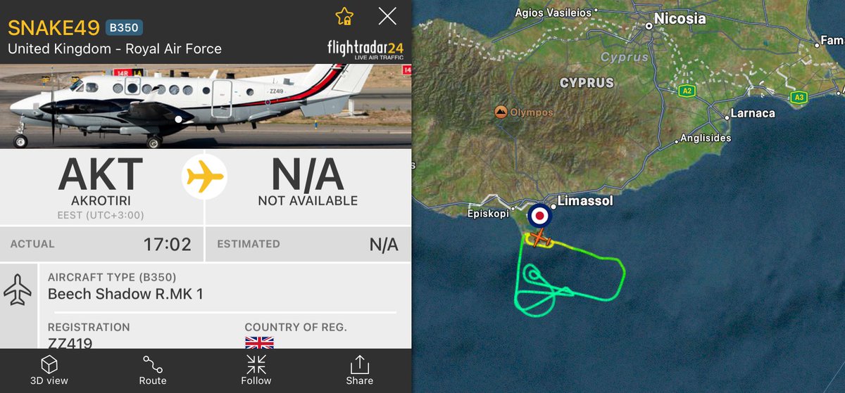 🐍 SNAKE49 🇬🇧 UK Royal Air Force Shadow R1 Reconnaissance Aircraft on a short sortie (calibrating?) off Britain's Sovereign Base Area of Akrotiri, Cyprus.

This aircraft was over Gaza a few hours ago under callsign 'RFR7144'.