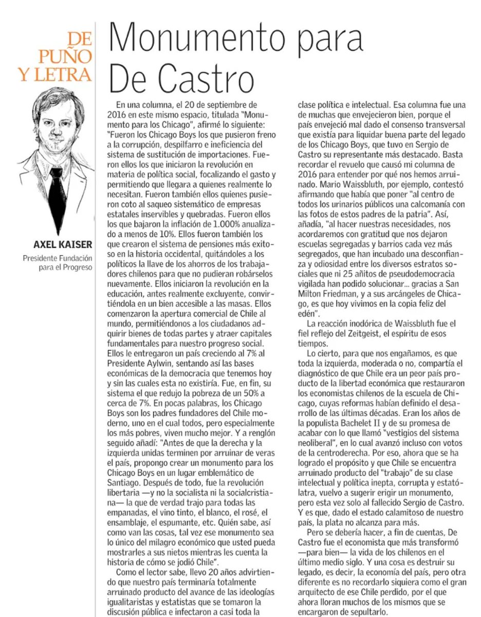 [OPINIÓN] 📰 Lee la columna «Monumento para De Castro», por @axelkaiser, presidente del directorio FPP, publicada en El Mercurio. Disponible en fppchile.org/monumento-para…