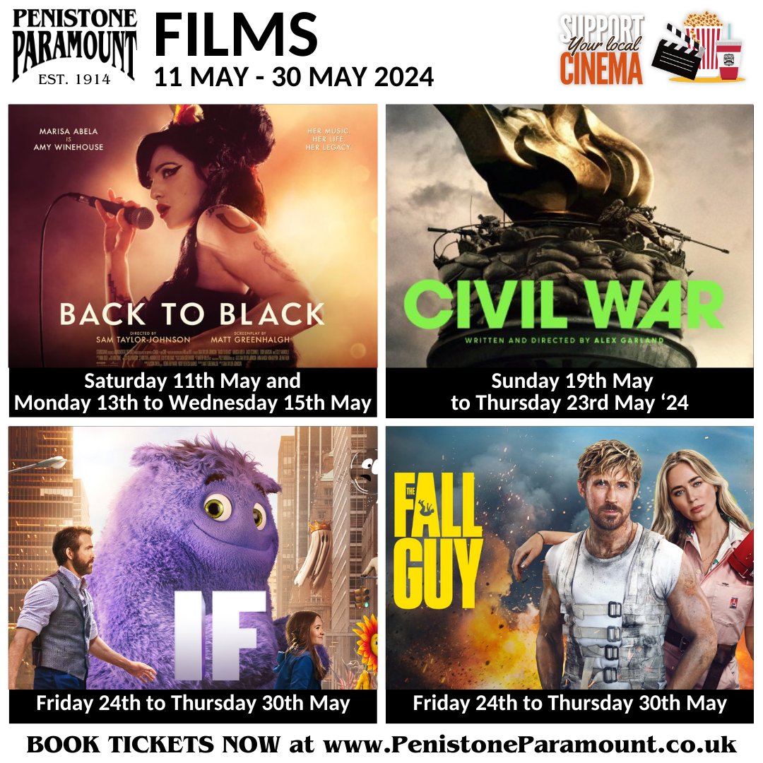 🎬Films at the Penistone Paramount: 🗓️11 May - 30 May '24 🎟️ For times, trailers & to book tickets, visit: penistoneparamount.co.uk #backtoblackmovie #civilwarfilm #IFMovie #TheFallGuyMovie #independentcinema #supportlocal #Penistone #barnsley #sheffield #holmfirth #huddersfield