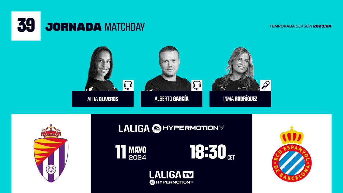 ¡ Lucha por el ascenso directo ! A las 18:30, en #LaLigaTVHypermotion, se enfrentan: Real Valladolid 🆚 RCD Espanyol 📅 Jornada 39 🏟️ José Zorrilla 🎙️@albaoliverosz @InmaRodriguezR @LaLiga #InsideLALIGA #RealValladolidEspanyol