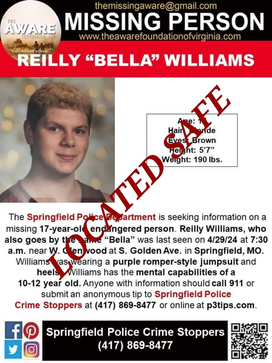 UPDATE: Springfield police have confirmed that Springfield teenager Reilly “Bella” Williams has been found safe. #TheAWAREFoundation