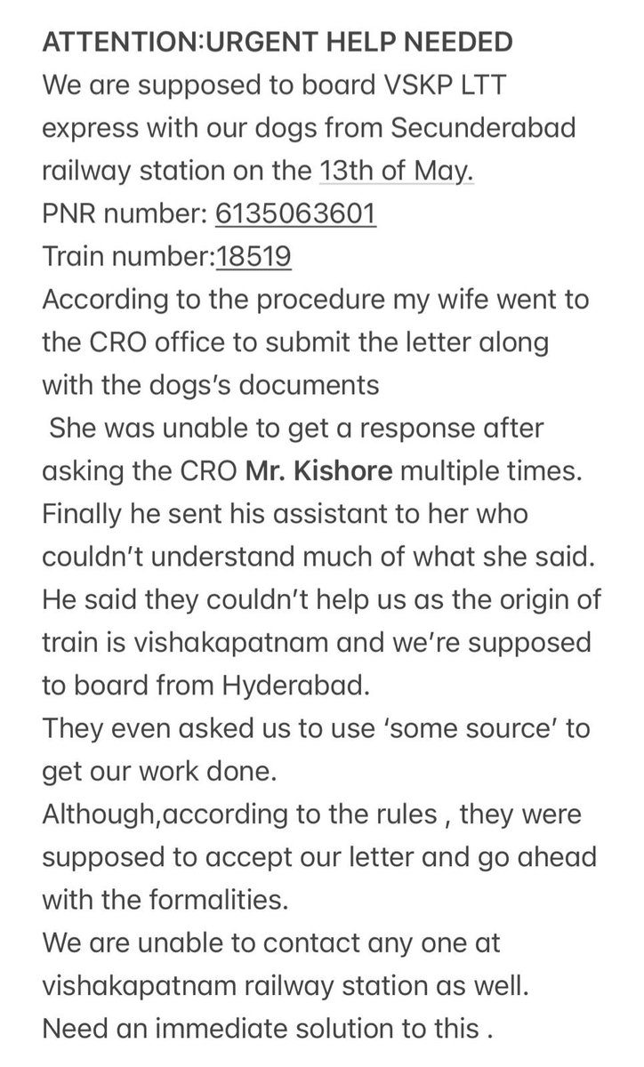 Urgent ‼️ Help Needed. 

#irctc #indianrailway #railwaycomplaint
#travelwithpets #hyderabadrailway #secunderabadrailway #mumbairailway #dogsofindia 

@gmscrailway @drmsecunderabad @drmhyderabad @drmmumbaicr @drmcrngp 
@railminindia @irctcofficial @SCRailwayIndia