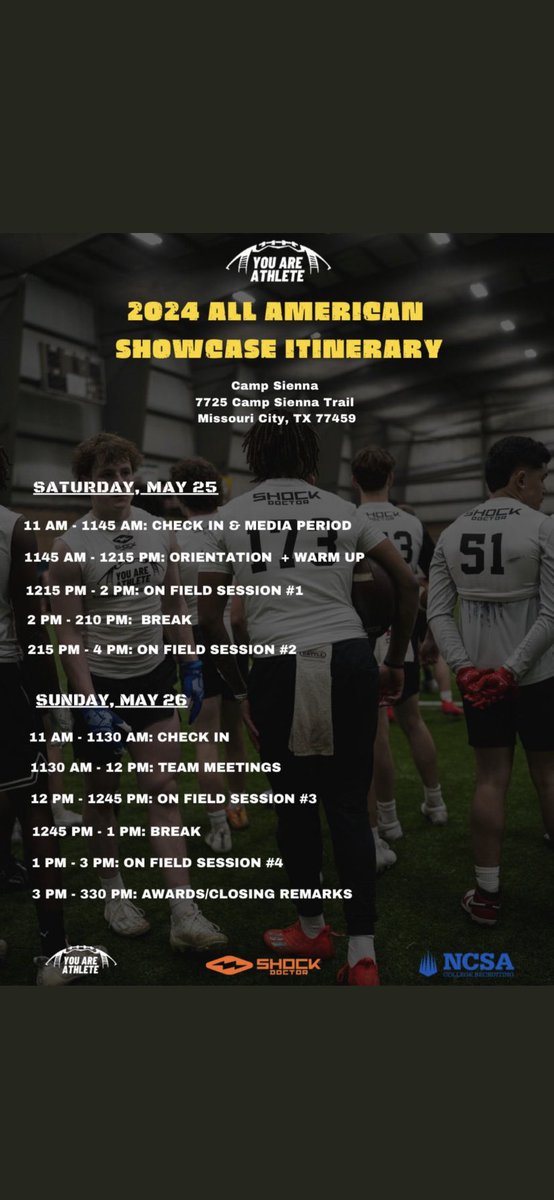 Huge thank you to <a href="/youareathlete/">You Are Athlete</a> and <a href="/ShockDoctor/">Shock Doctor</a> for an ALL AMERICAN camp invite! Very excited and looking forward to showing off my skills May 25-26.<a href="/CedarCreekFB/">Cedar Creek Football</a> <a href="/RecruitCCEagles/">RecruitCedarCreek</a> <a href="/hodge_2525/">Charles Hodge III M.S.S.M</a>