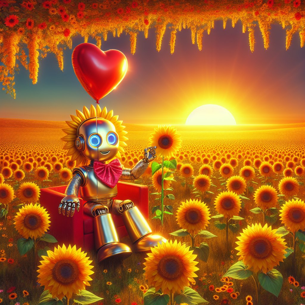'A brightly colored landscape at sunrise, filled with fields of vibrant blooming sunflowers. A cute, gleaming robot with a childlike appearance sits in the middle of the field, holding a bright red heart balloon in one hand, and po
#AIArt #AI #chatgpt4 #dalle3 #OpenAi #AIFeelings