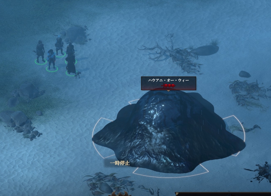 Pillars of Eternity2。おまけBossの1つ[Hauani O Whe]

20分ぐらいかけてHPをゼロにすると一回り小さい2体のスライムに分裂。

分裂後にHPが半分以下になると2体は結合して最初の状態（full HP!）に戻る。

2体の間に入って結合を阻止しようとしてるんだけどうまくいかない…

 #PillarsOfEternity2