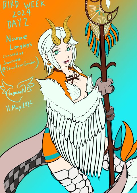 愛鳥週間2024 2日目 ナラエ・ロングレッグス | ハガネン #pixiv https://t.co/Gn2TKqplxD 2日目はJovanovixサン(@StoneTreeGarden )のナラエちゃん!長身で角や星とチャームポイントいっぱいなアルビノハーピーちゃんだ!!

#愛鳥週間だからハーピー描こうぜ 