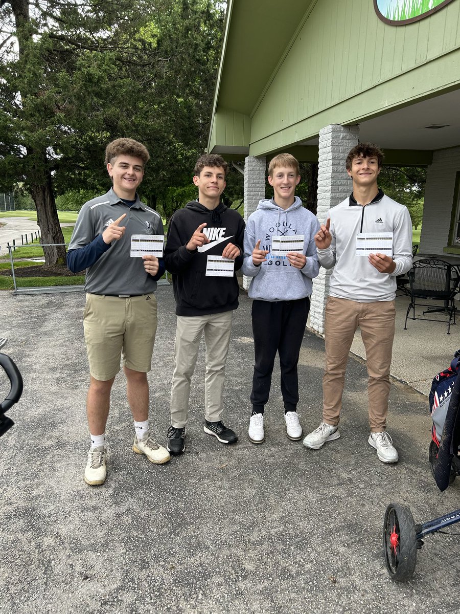 Warriors celebrating the first time in school history 5 golfers posted sub 40 scores in the same match: Dylan Carvey 37, Connor Roth 38, Grant Graber 39, Mason Moore 38, Carter Fleek 39(not pictured). As Woodlan downed Bluffton 152-165 on Thursday at Whispering Creek. Awesome Job