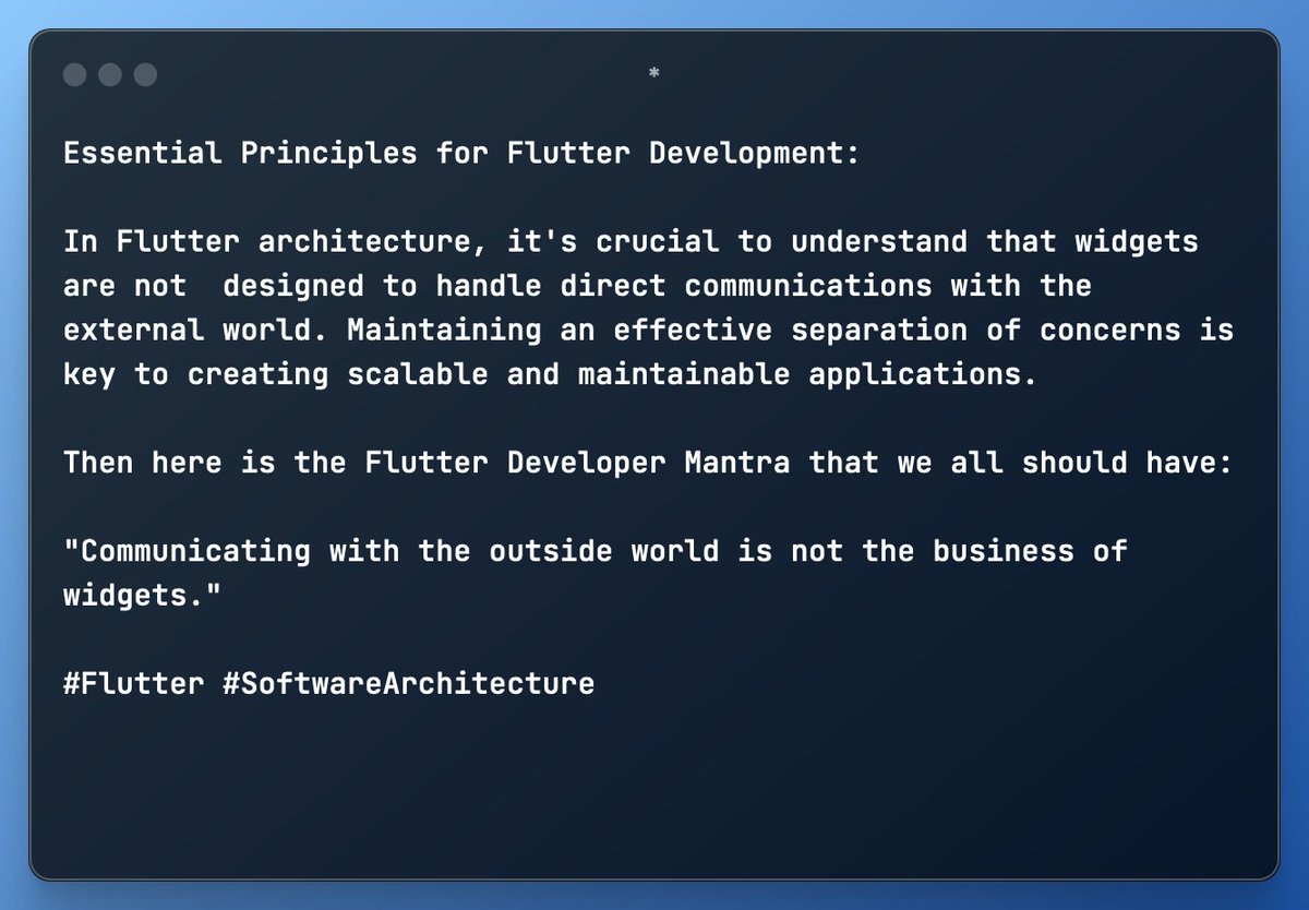 Flutter Developer Mantra

#Flutter #SoftwareArchitecture