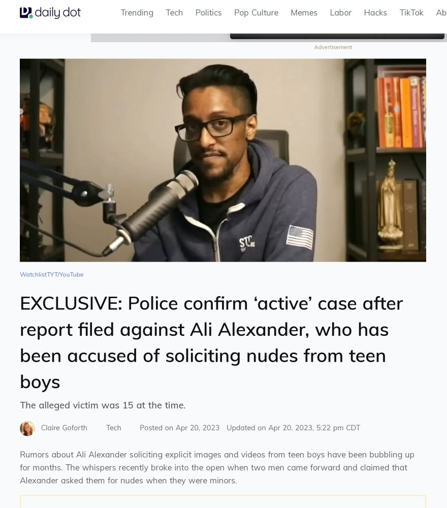 @elonmusk @littlemissjacob @stillgray @Nero @IAmPapaJohn Then why did you just restore pedophile @Ali Alexander? Last year, multiple sets of text messages came public, which Alexander sent to underage boys, soliciting nude pictures. Johnstown, Colorado police confirmed the victim, who was 15 at the time, filed a police report, and