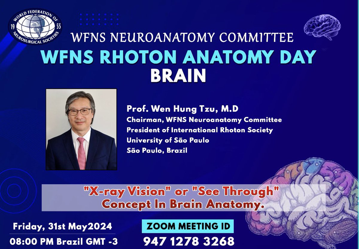 Joao Paulo Almeida (@joao_p_almeida) on Twitter photo New projects coming up! <a href="/rhotonsociety/">The International Rhoton Society</a> and <a href="/WFNSHQ/">WFNS</a> together in this exciting program led by Dr Wen! Great team! Honored to be part of it!
Join us every Friday! Talks about surgical anatomy of the brain, skull base,
Spine and peripheral nerves!
First session on brain anatomy on New projects coming up! <a href="/rhotonsociety/">The International Rhoton Society</a> and <a href="/WFNSHQ/">WFNS</a> together in this exciting program led by Dr Wen! Great team! Honored to be part of it!
Join us every Friday! Talks about surgical anatomy of the brain, skull base,
Spine and peripheral nerves!
First session on brain anatomy on