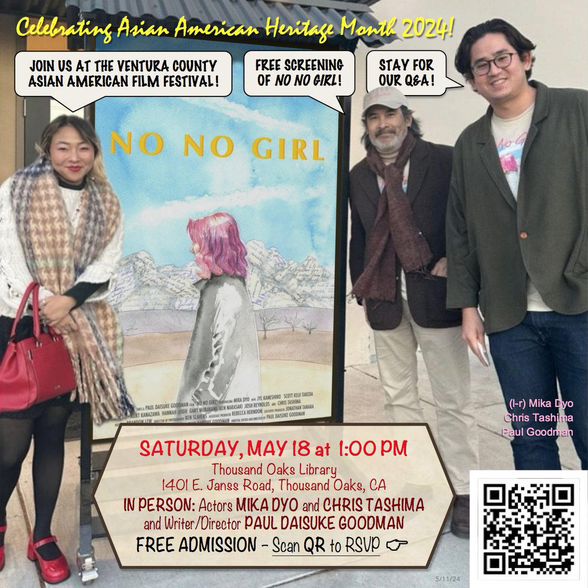 🎦 #NoNoGirl shows 🆓 Sat, May 18 at 1pm, @TOLibrary in #ThousandOaks❗️ Director Paul Goodman, star Mika Dyo and I will be there for a Q&A❗️
Limited seating❗️ Info/Tix at Ventura County JACL: 🔗venturacountyjacl.weebly.com
#indiefilm #AAPIHeritageMonth #AAPIHM #yonsei #nikkeistories