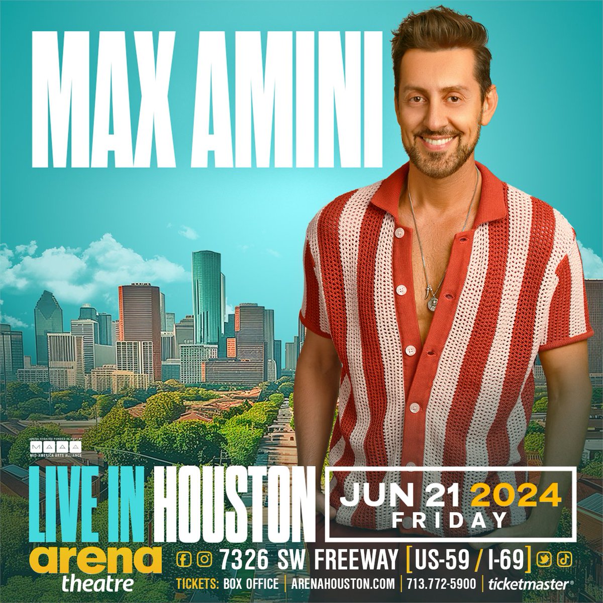 🌟 Laughter Alert, Houston! 🌟
@MaxComedian is set to electrify the Arena Theatre with his signature humor!
🎟 bit.ly/49hmSBP
🗓 June 21
📞 713-772-5900
Don't miss out – it's going to be 🔥! #MaxAmini #ComedyNight #HoustonEvents