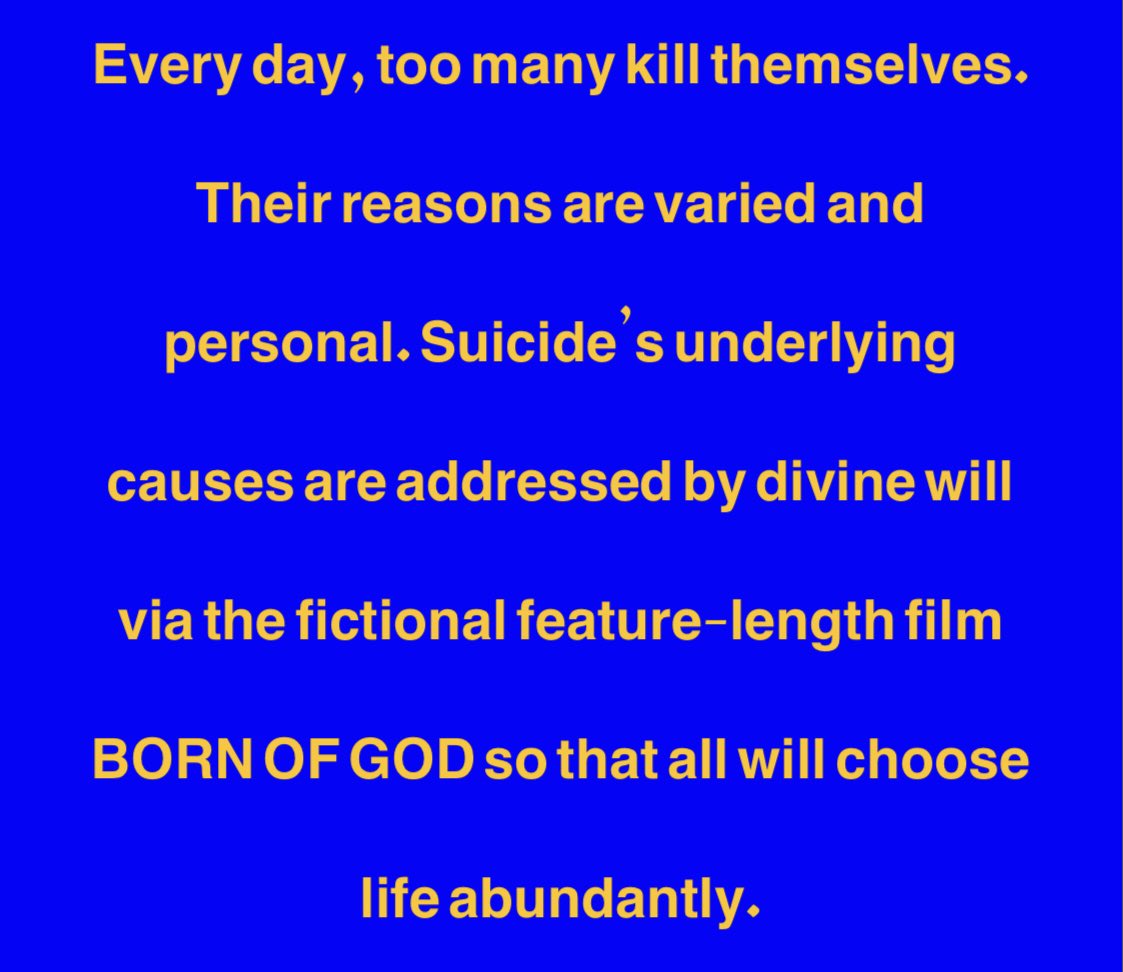 BORN OF GOD can stop suicides worldwide.
#supportindiefilm #suicideprevention #suicide #suicideawareness #22aday #stopsuicide #godsplan #donate #globalimpact #impactinvestment #impactinvestors #invest #taxshelter #globalsales #highroi #savelives #contactus #chooselife #sharepost