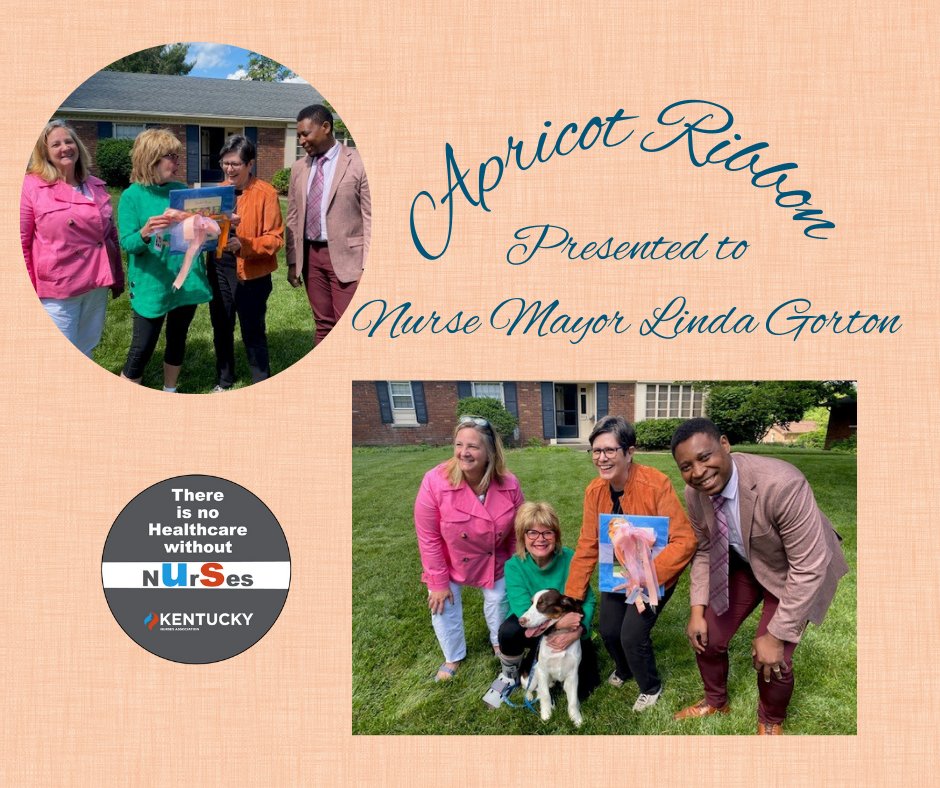 KNA Nurse Members, Teresa Villaran, Janie Heath and Levi 🐾 presented an Apricot Ribbon to our beloved Nurse Mayor, Linda Gorton for Nurses Month! #nursesweek #allnursesareleaders #nursesleadtheway