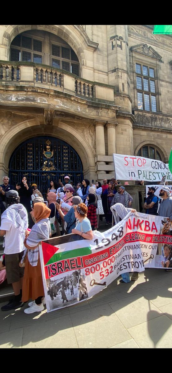 A huge demonstration in #Sheffield sent a clear message to the Council, Universities & all our institutions today: 🚫 We will not accept complicity with genocide and apartheid. ✅️ We demand Sheffield becomes an apartheid free zone again ✊️🍉 #RafahGenocide #FreePalestine