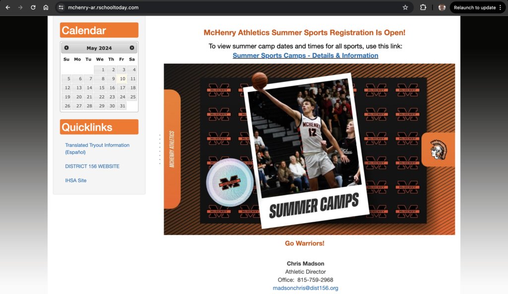 McHenry Athletics summer camp registration information, screenshot of front of website