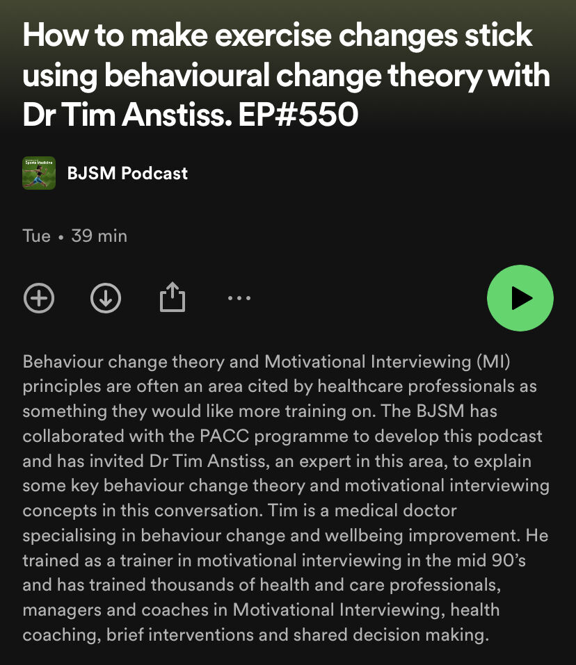 Have you listened to our latest podcast? 👀 How to make exercise changes stick using behavioural change theory ✅ #BJSMPodcast with Dr Tim Anstiss an expert in behaviour change and wellbeing improvement 🎧 Listen here 👉 bit.ly/49Nuf49