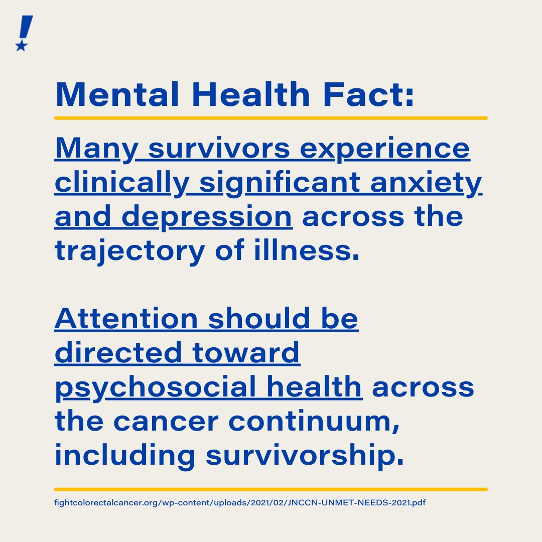 Compared to the general population, #ColorectalCancer survivors experience reduced quality of life, with 37% of survivors reporting symptoms of #anxiety or #depression. Learn more & find resources: fightcolorectalcancer.org/mental-health/ #MentalHealthAwarenessMonth #MentalHealthMatters