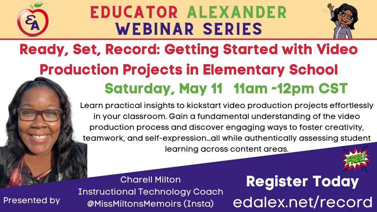 ⏰IN ONE HOUR⏰ 📢Ready, Set, Record: Getting Started with Video Production Projects in Elementary School Sat., May 11 11a-12p cst ☑️edalex.net/record #googleedu #MIEE #ISTE #TCEA #FETC #education #classroom #edtech #K12 #teachers #teacher @MissMiltonsMemoirs