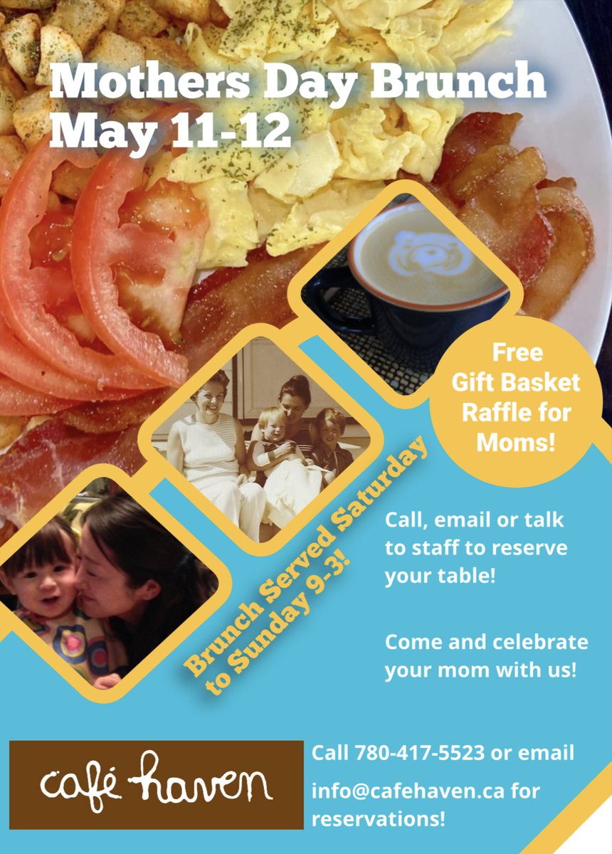 cafehaven's tweet photo. Mother's Day is tomorrow, don't forget to make reservations!
Call (780) 417-5523
 Email info@cafehaven
Text (780) 934-3255

#MothersDay #MothersDayBrunch #Momosas #shpk #shpkeats #shpklocal #cafehaven #supportlocal #yeg #yegcoffee #yegeats #yeglocal #coffeelover #local #foodlover https://t.co/XmmIYvJVNZ