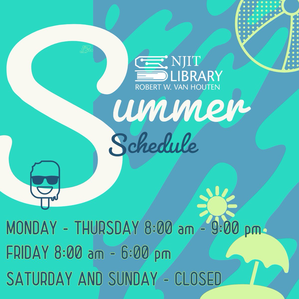 Our summer schedule has officially begun, and that means we are closed on the weekends, open until 6 pm on Fridays, and open from 8 am - 9 pm on Monday - Thursday. We look forward to serving your summer study needs!

#njitlibrary #summerschedule #summerhours