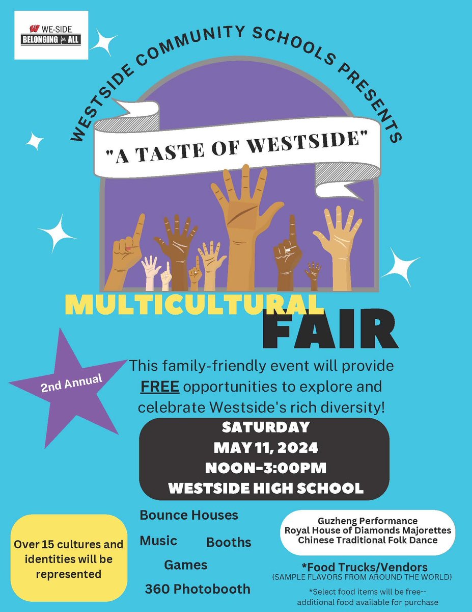 Have lunch with us – at the Westside Multicultural Fair! 
Don’t miss ‘A Taste of Westside’ today from noon until 3PM at Westside High.  

Bring your appetite and a hungry friend or two! 

#WeAreWestside