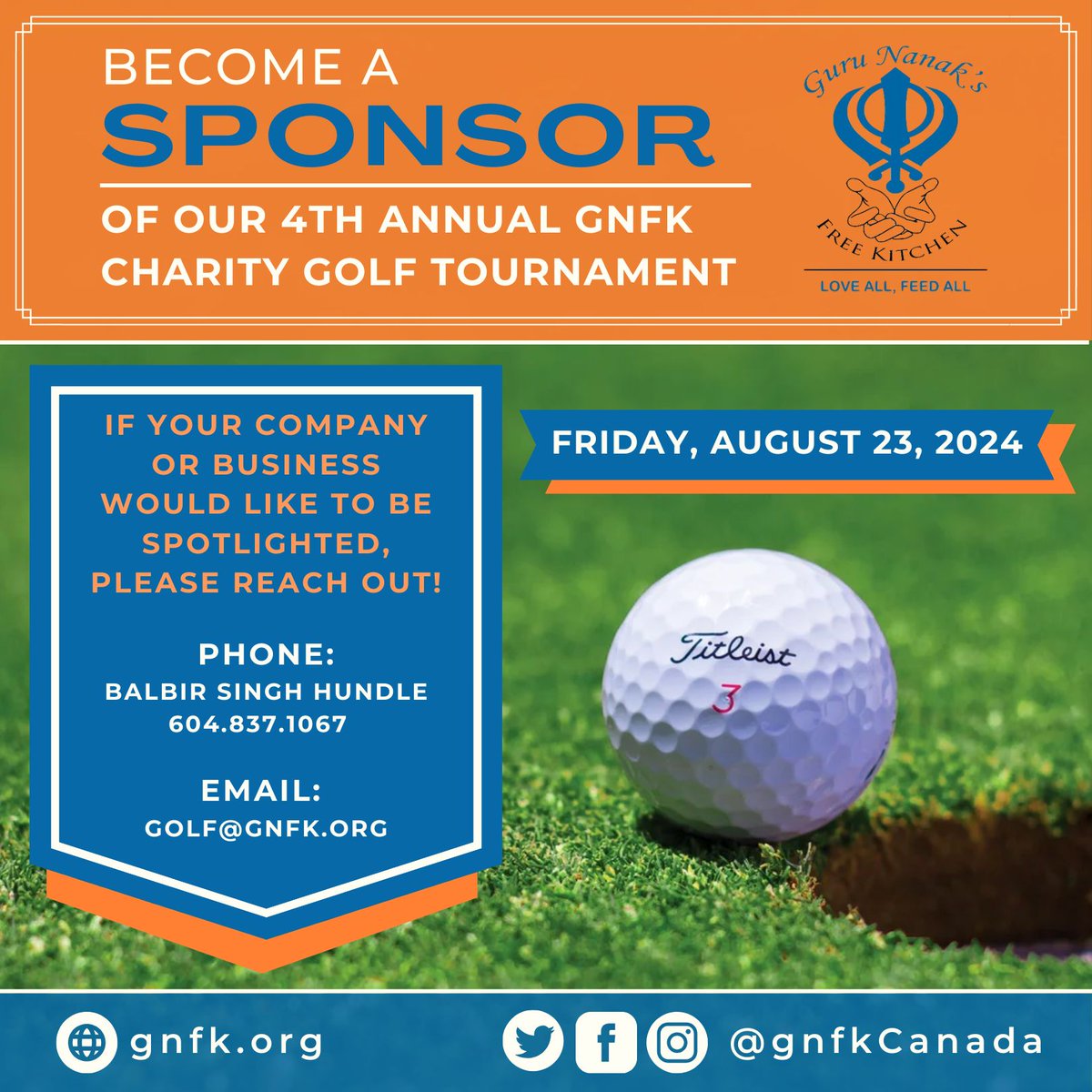 GNFK's 4th Annual Charity Golf Tournament returns on Friday, August 23rd at Mayfair Lakes Golf and Country Club. We are excited to once again invite you to support this great event as a sponsor! #CharityGolf #CommunitySupport #GNFKCanada #LoveAll #FeedAll #MayfairLakeGolf