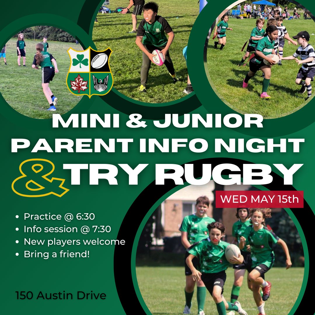 ☘️ Parent Info Night and Try Rugby! We encourage all our Mini & Junior players and their parents to drop in, chat with our coaches, and bring a friend! 🏉 Practice starts at 6:30 followed by an information session to discuss the upcoming season 📅 🤩 New players are welcome!