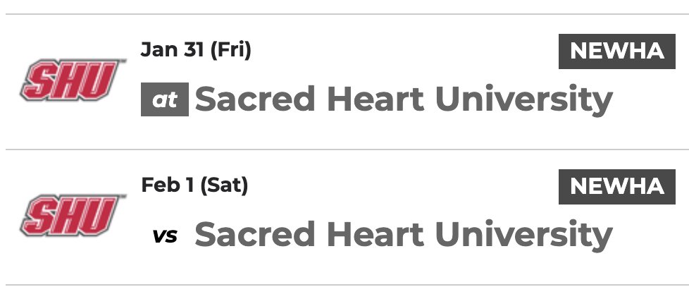 Scheduling news for the Sacred Heart Women...game dates with conference foe Assumption have been released 

11/8/24 at Assumption
11/9/24 vs. Assumption
1/31/25 vs. Assumption
2/1/25 at Assumption

#WeAreSHU | #RollPios | #NCAAHockey