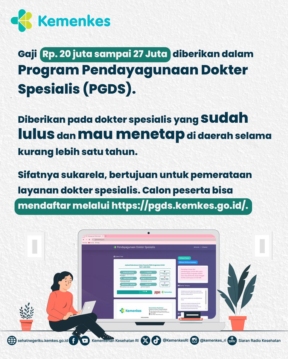 #Healthies, belum lama ini beredar informasi tentang besaran gaji PPDS berbasis rumah sakit dengan nominal tertentu Informasi tersebut TIDAK TEPAT. Besaran gaji itu berlaku untuk program PGDS bukan PPDS ya Tertarik ikut program PGDS? Daftar aja kesini pgds.kemkes.go.id