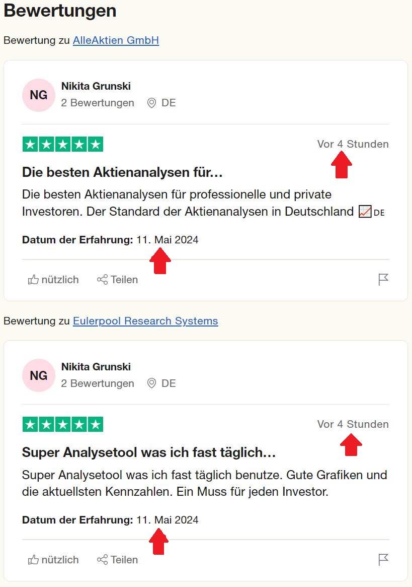 Auf Trustpilot werden wieder neue Bewertungen über #alleaktien mit 5 Sterne veröffentlicht. Die 2 Abo Dienste (Eulerpool / Alleaktien) werden zu gleichen Zeit bewertet. Auffälliger geht's nicht - Das wäre was für die Verbraucherzentrale - @vzbv