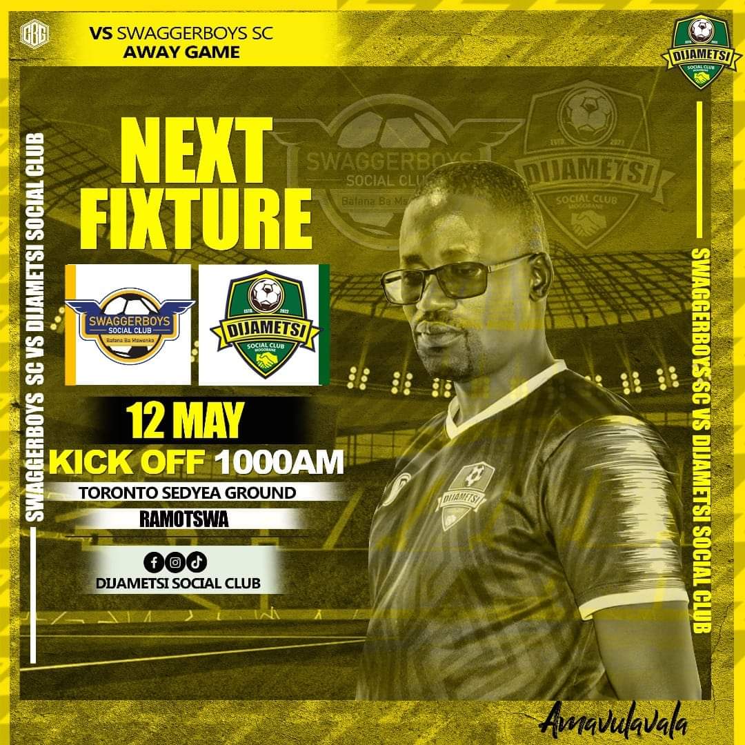 🚨 Game Fixture Alert 🚨
🆚 Dijametsi Social Club 
📅 12.05.2024
⌚ 1000
🏟️ South East District Youth Empowerment Association (SEDYEA) 
🎟️ Free Free Free Free

#forevermswenkoforevericonic
#wechasequalitynotclicks